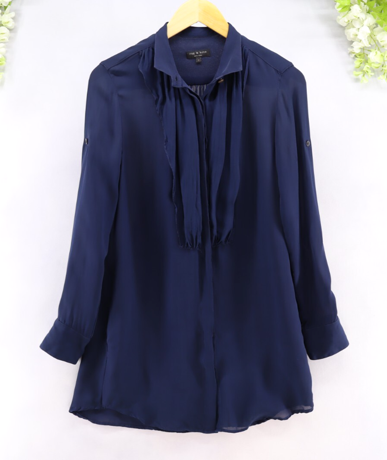 Rag & Bone Sz 6 Women's Ruffle Roll Tap Long Sleeve V-Neck Silk Shirt Dress